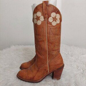 Acme VTG Hippie Daisy Leather Floral Embroidered Cowgirl Boots Light Brown 5.5 M